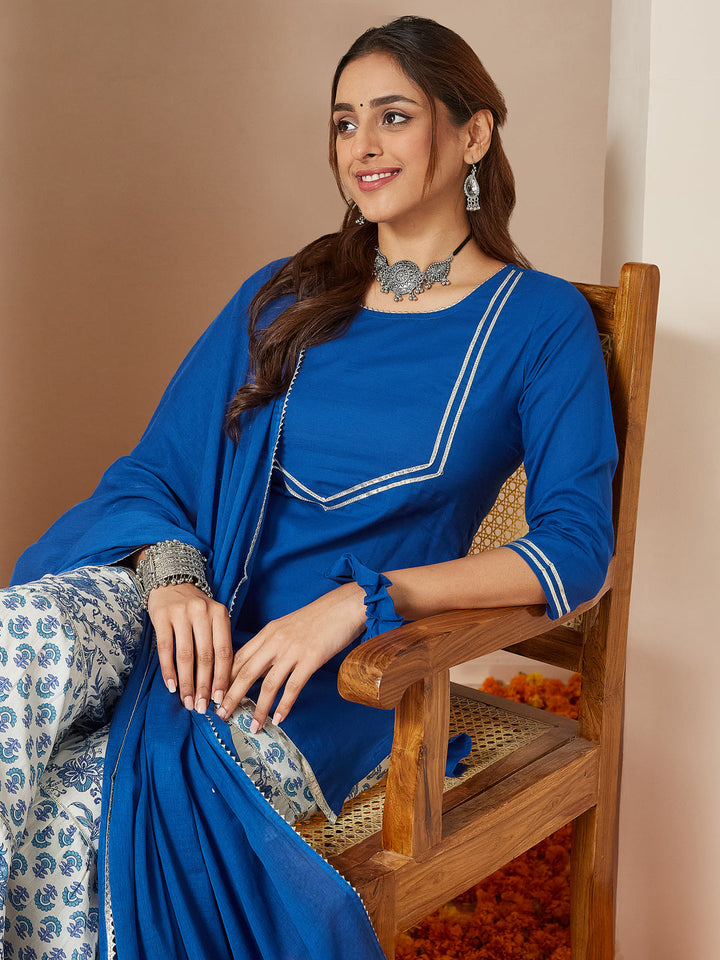 ResellerMart Women's Blue Pure Cotton Yoke Design Straight Kurti With Printed Sharara & Dupatta Set