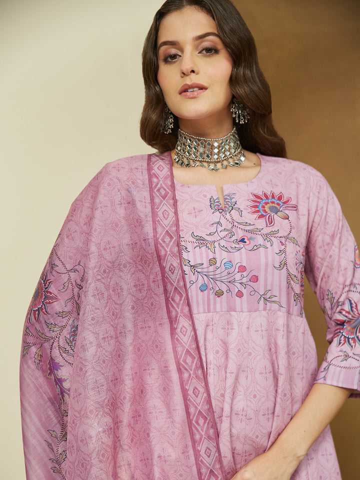 ResellerMart Women's Lavender Cotton Blend Floral Printed Anarkali Kurta Set
