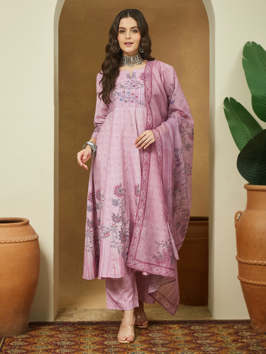 ResellerMart Women's Lavender Cotton Blend Floral Printed Anarkali Kurta Set