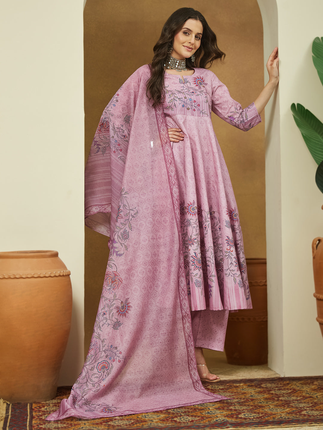 ResellerMart Women's Lavender Cotton Blend Floral Printed Anarkali Kurta Set