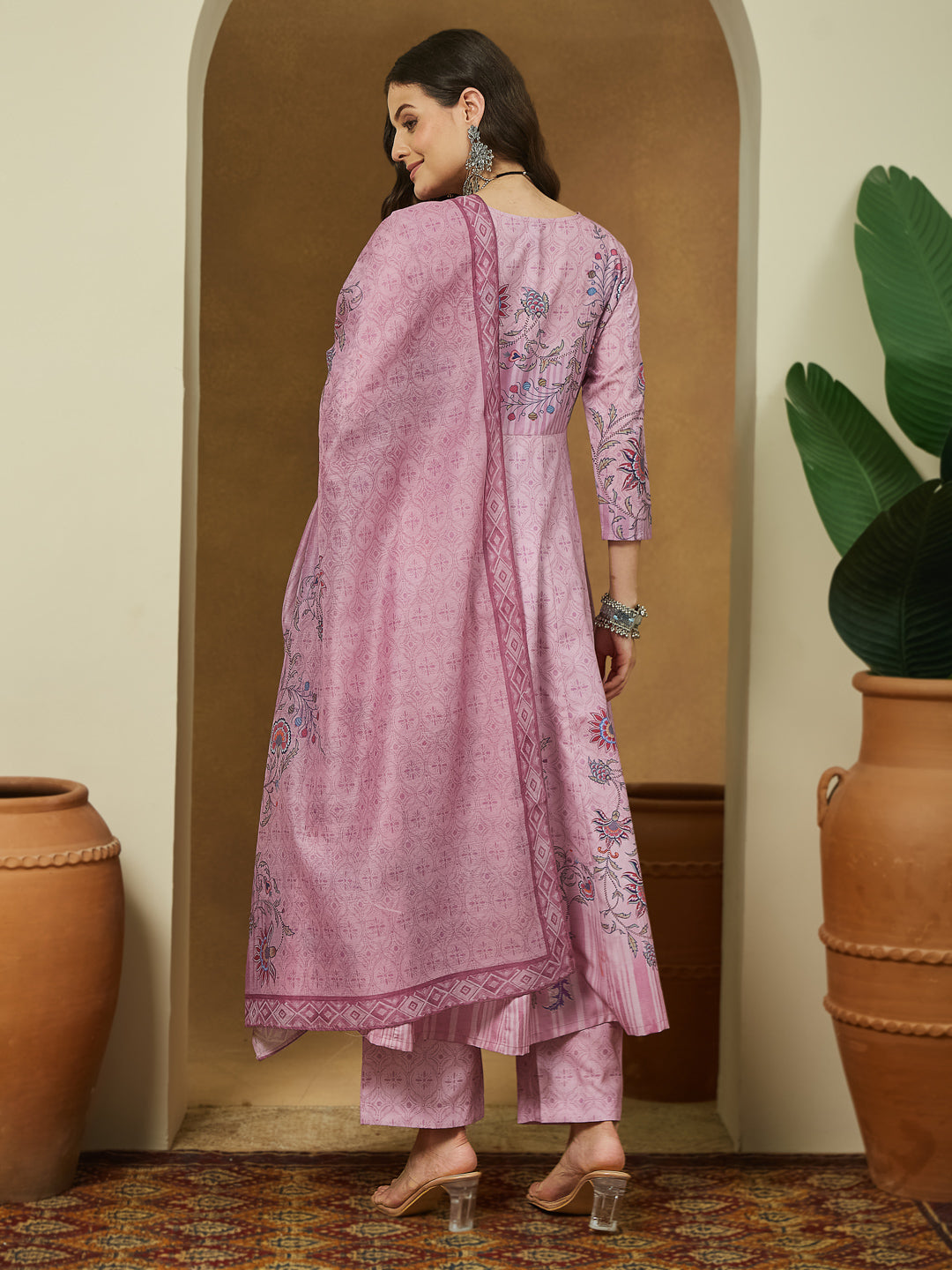 ResellerMart Women's Lavender Cotton Blend Floral Printed Anarkali Kurta Set