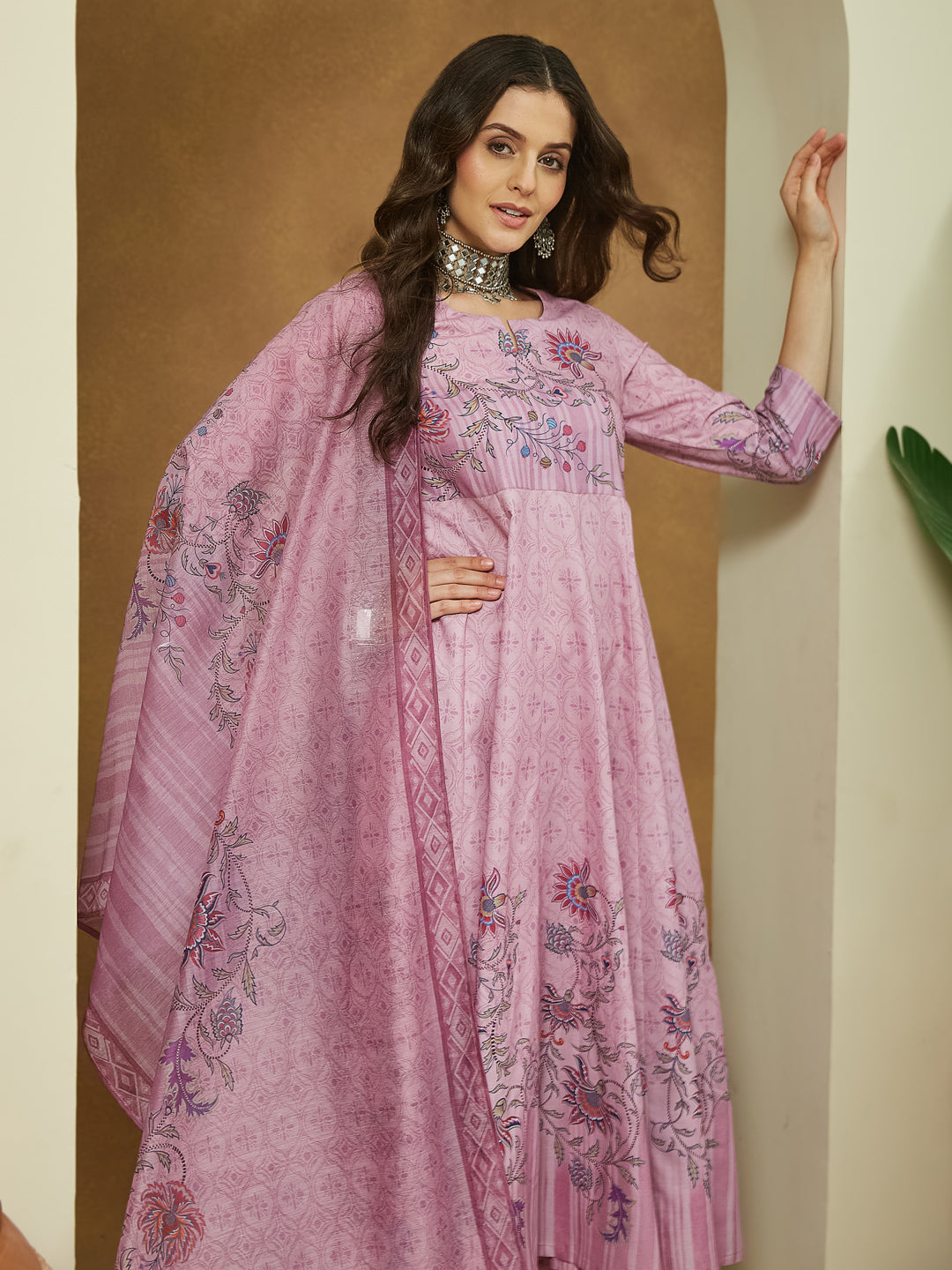 ResellerMart Women's Lavender Cotton Blend Floral Printed Anarkali Kurta Set