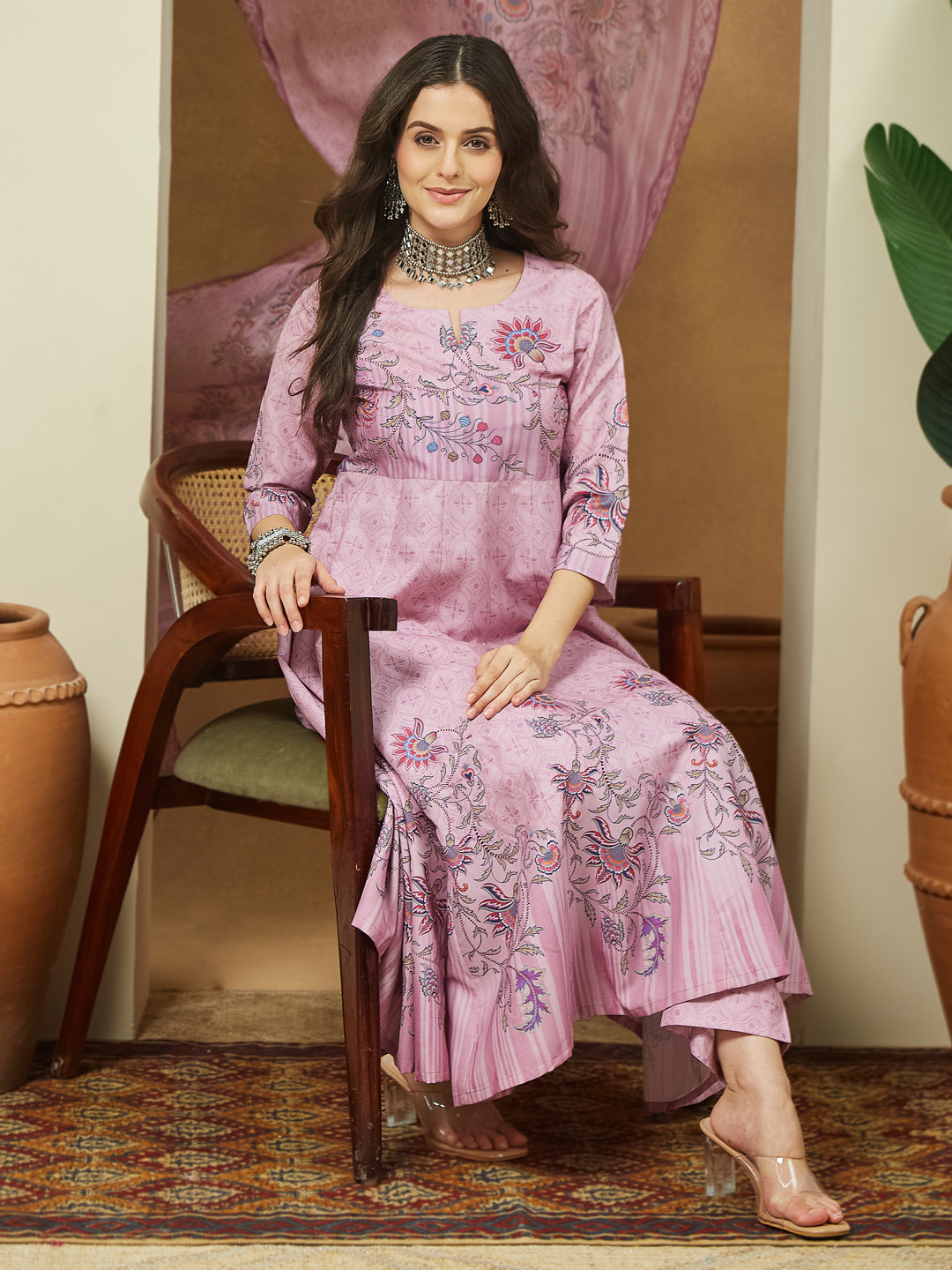 ResellerMart Women's Lavender Cotton Blend Floral Printed Anarkali Kurta Set