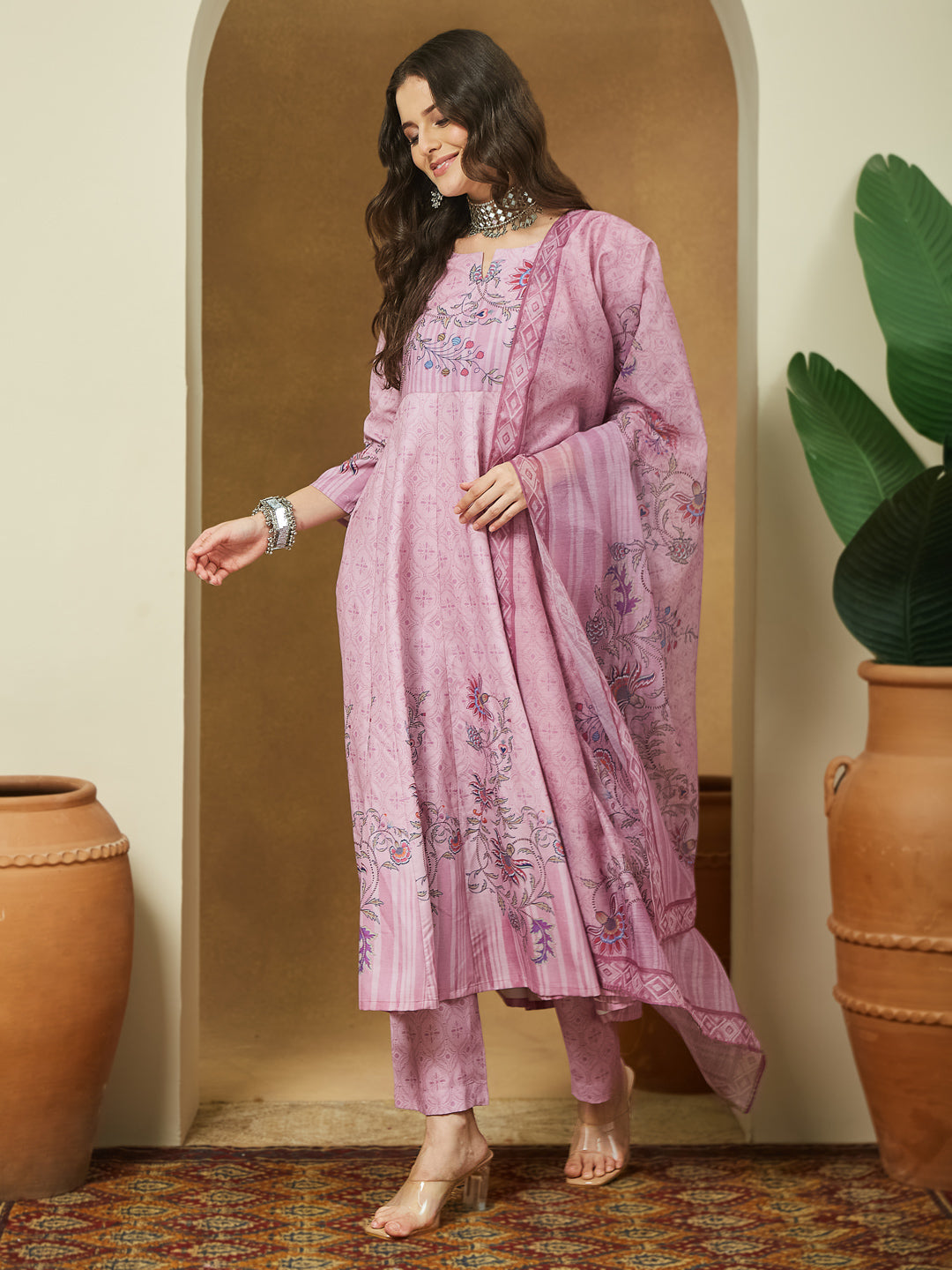 ResellerMart Women's Lavender Cotton Blend Floral Printed Anarkali Kurta Set