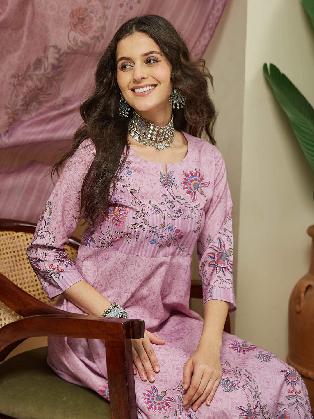 ResellerMart Women's Lavender Cotton Blend Floral Printed Anarkali Kurta Set