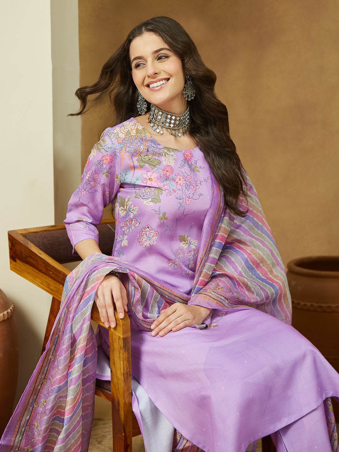 ResellerMart Women's Lavender Cotton Blend Floral Printed Straight Kurta Set