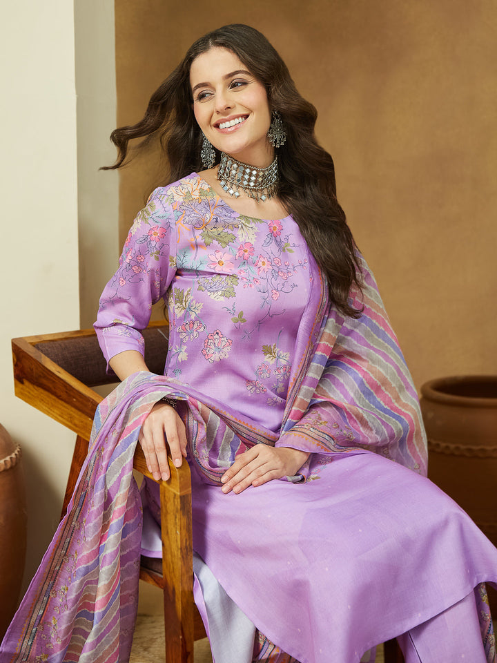 ResellerMart Women's Lavender Cotton Blend Floral Printed Straight Kurta Set