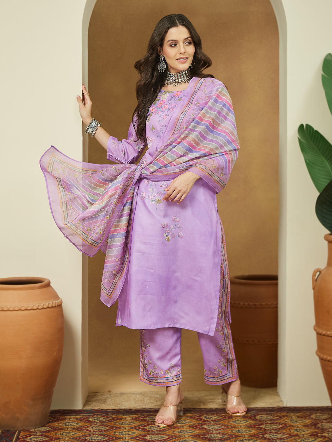 ResellerMart Women's Lavender Cotton Blend Floral Printed Straight Kurta Set