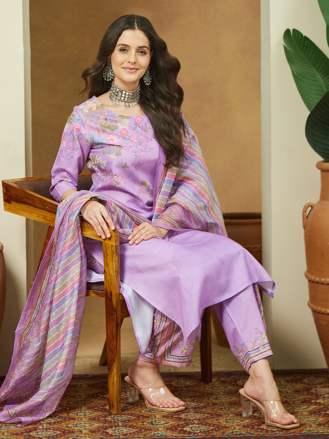 ResellerMart Women's Lavender Cotton Blend Floral Printed Straight Kurta Set