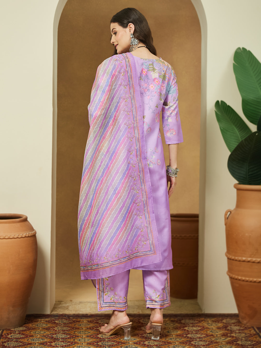 ResellerMart Women's Lavender Cotton Blend Floral Printed Straight Kurta Set