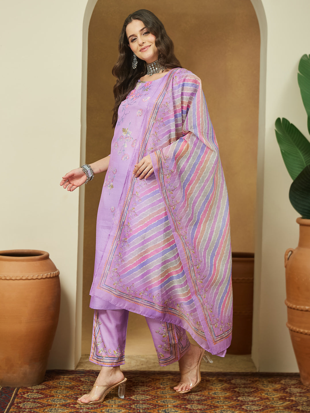 ResellerMart Women's Lavender Cotton Blend Floral Printed Straight Kurta Set