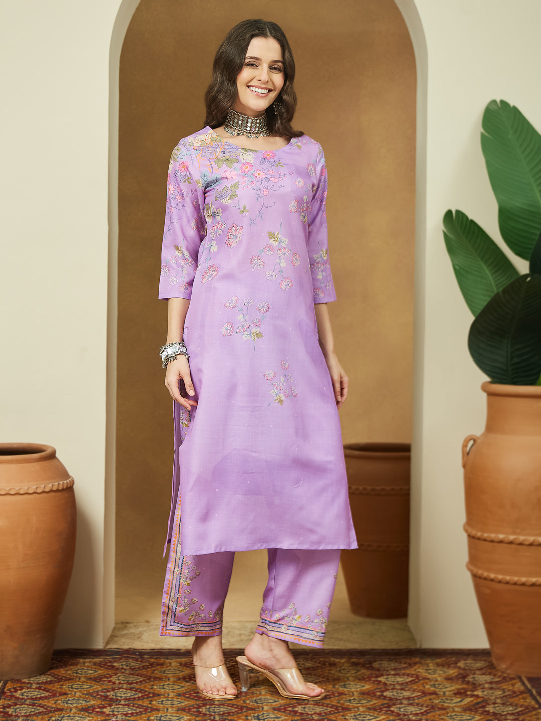 ResellerMart Women's Lavender Cotton Blend Floral Printed Straight Kurta Set