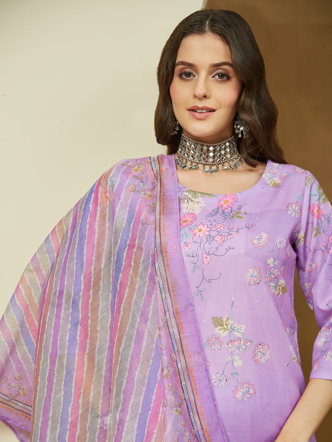 ResellerMart Women's Lavender Cotton Blend Floral Printed Straight Kurta Set