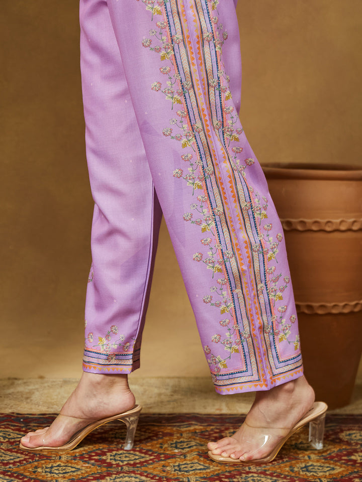 ResellerMart Women's Lavender Cotton Blend Floral Printed Straight Kurta Set