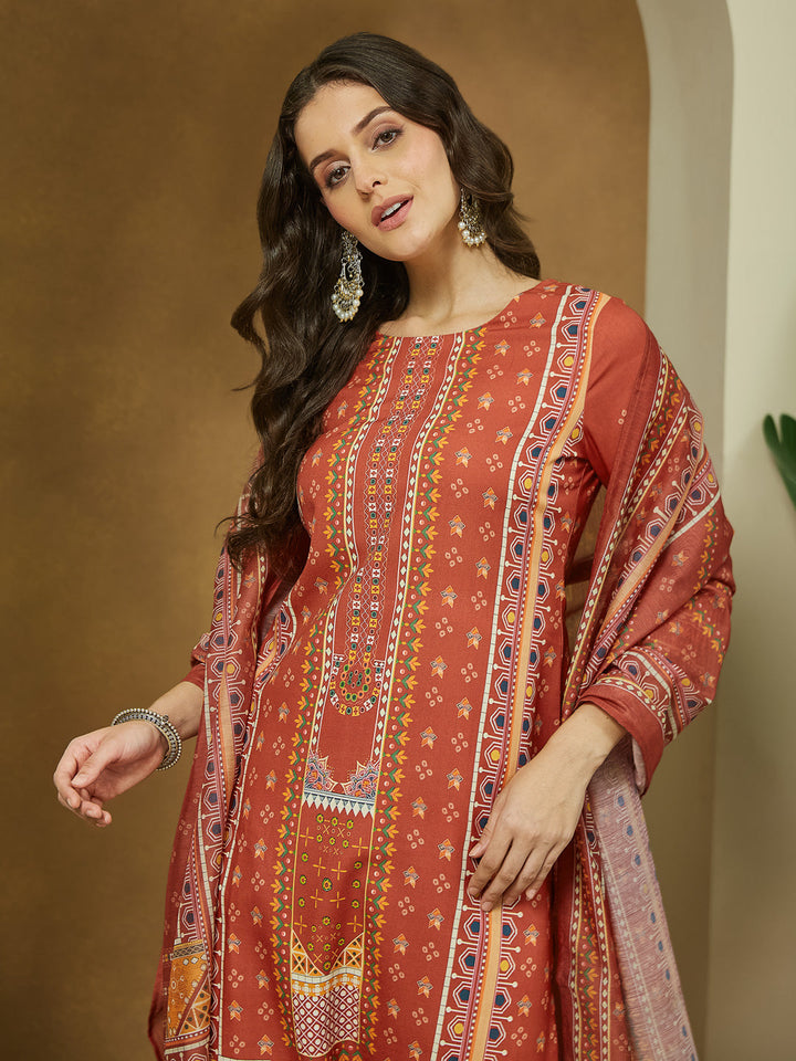 ResellerMart Women's Rust Cotton Blend Ethnic Motifs Printed Straight Kurta Set