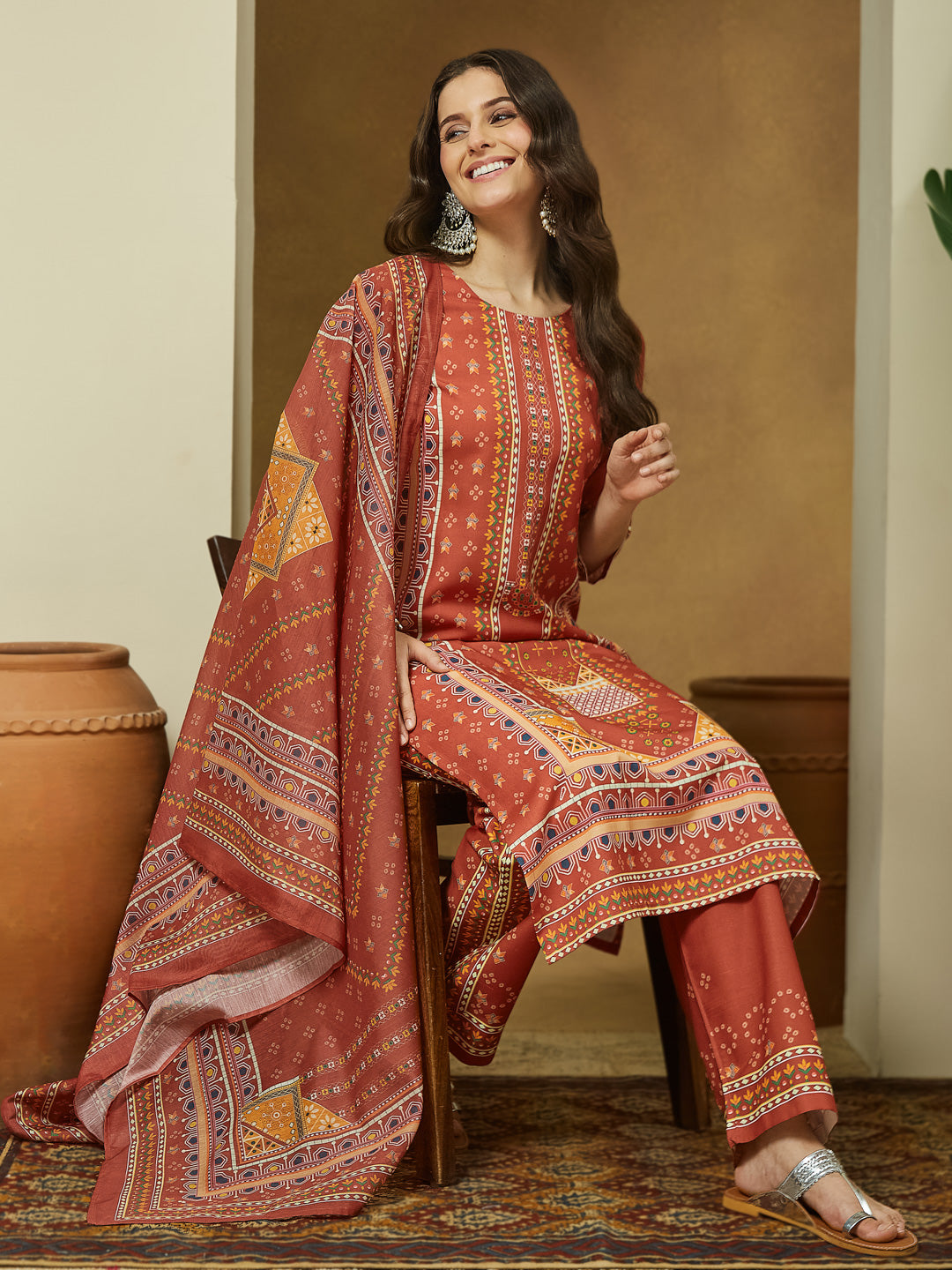 ResellerMart Women's Rust Cotton Blend Ethnic Motifs Printed Straight Kurta Set