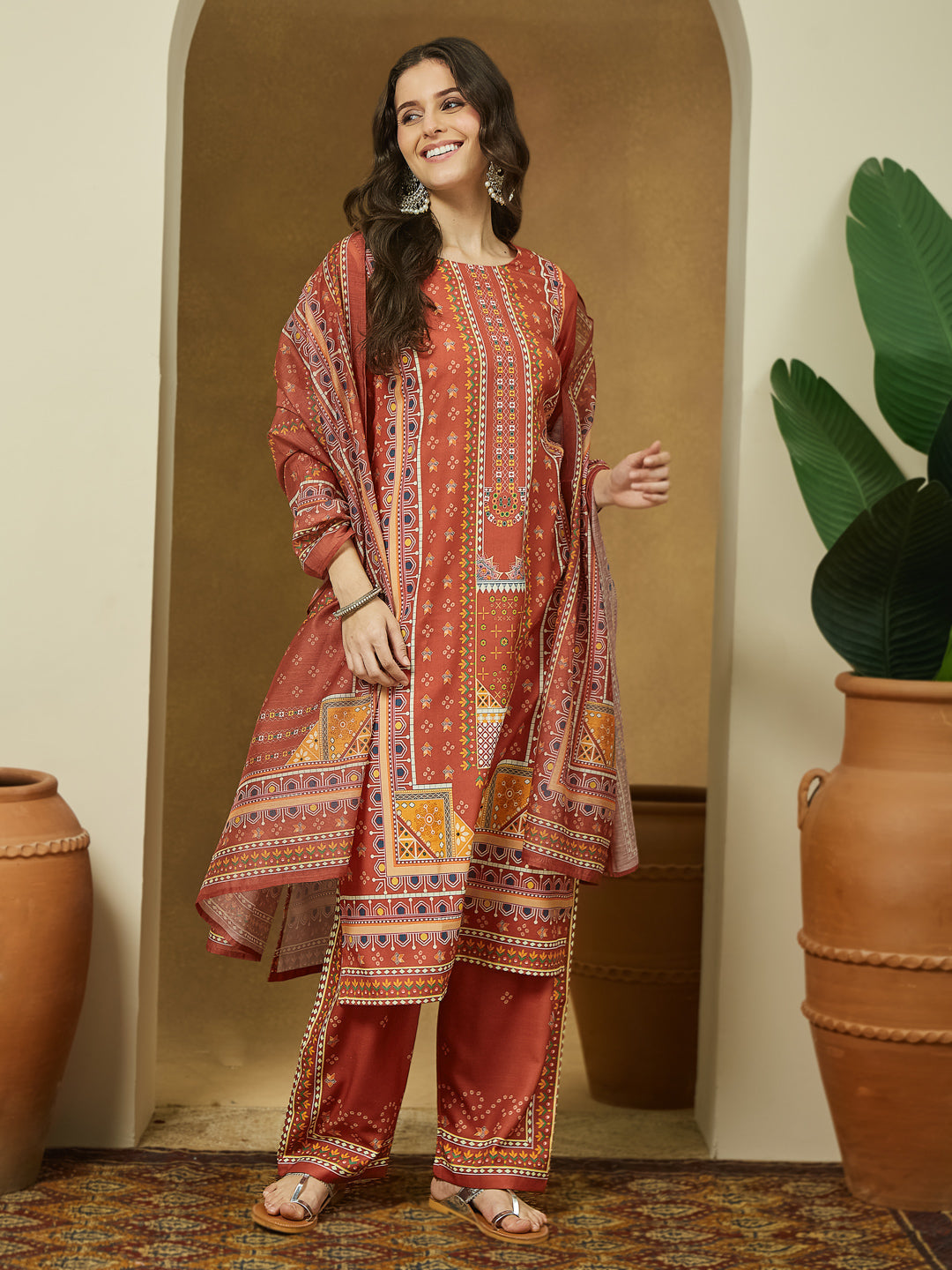 ResellerMart Women's Rust Cotton Blend Ethnic Motifs Printed Straight Kurta Set