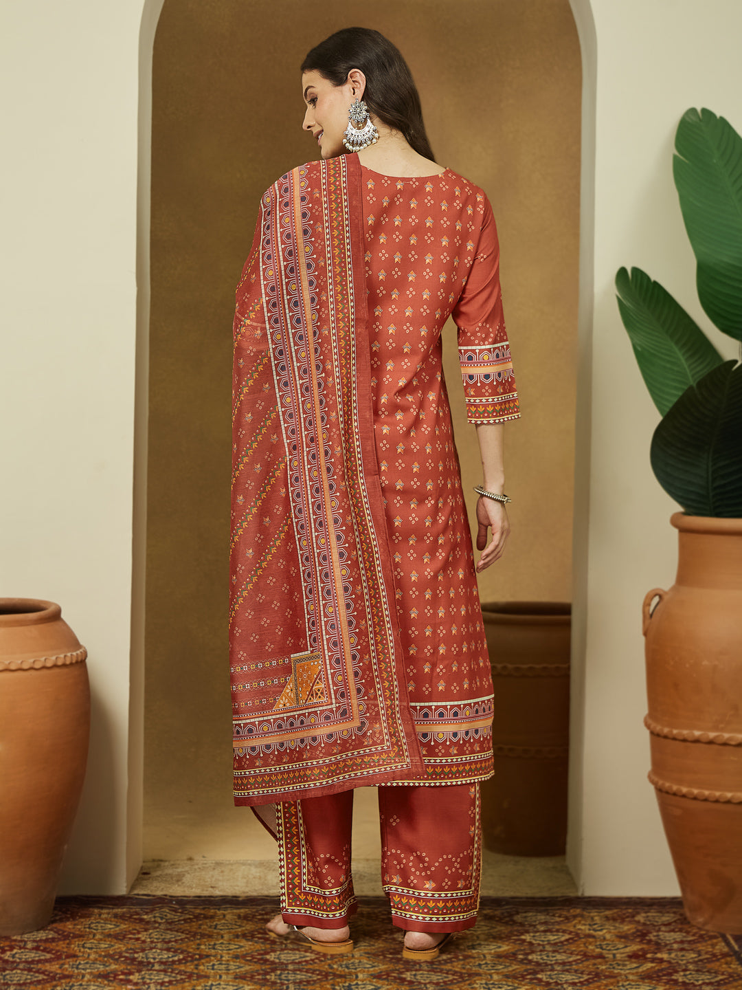 ResellerMart Women's Rust Cotton Blend Ethnic Motifs Printed Straight Kurta Set