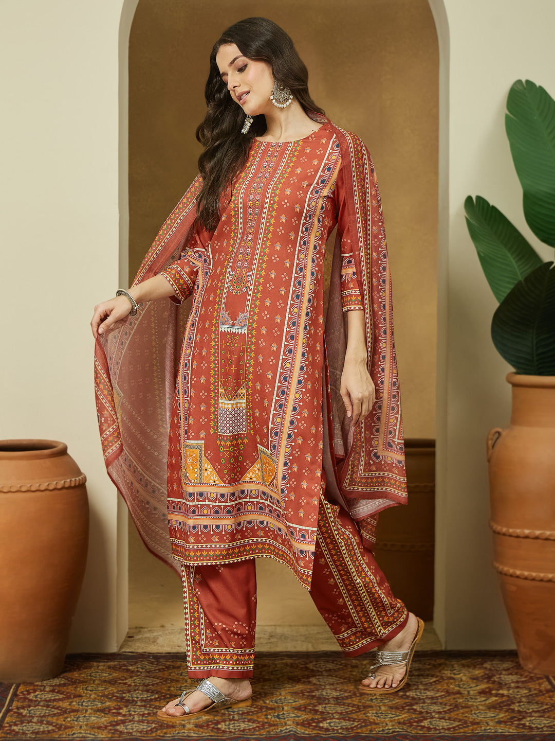 ResellerMart Women's Rust Cotton Blend Ethnic Motifs Printed Straight Kurta Set