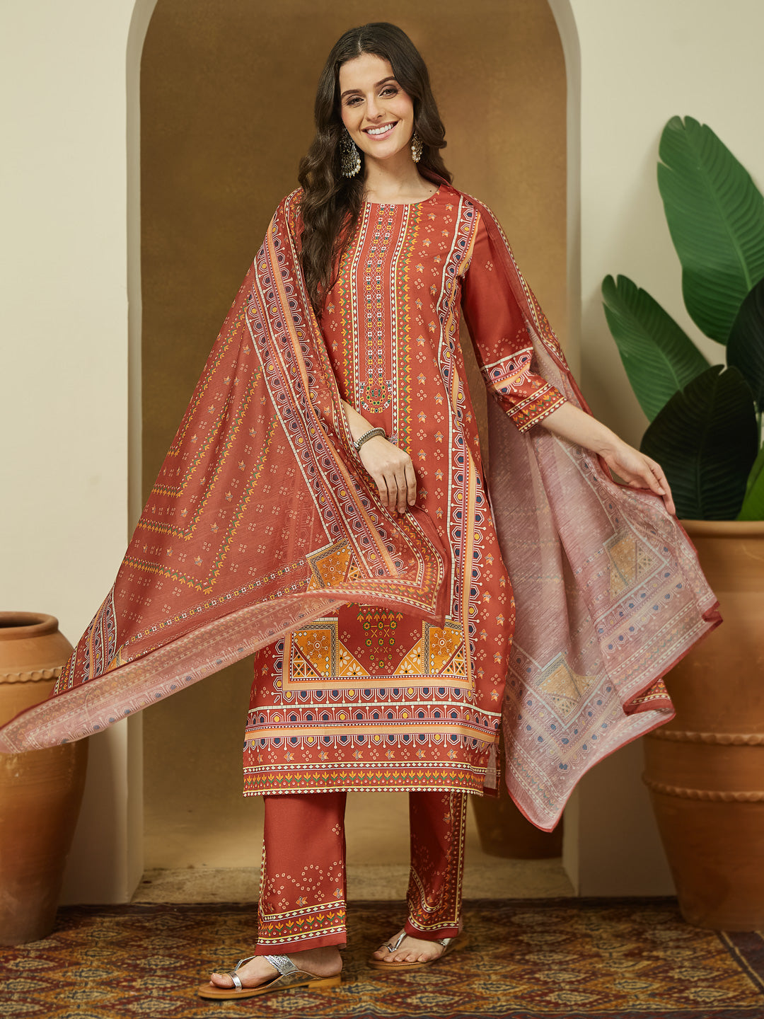 ResellerMart Women's Rust Cotton Blend Ethnic Motifs Printed Straight Kurta Set