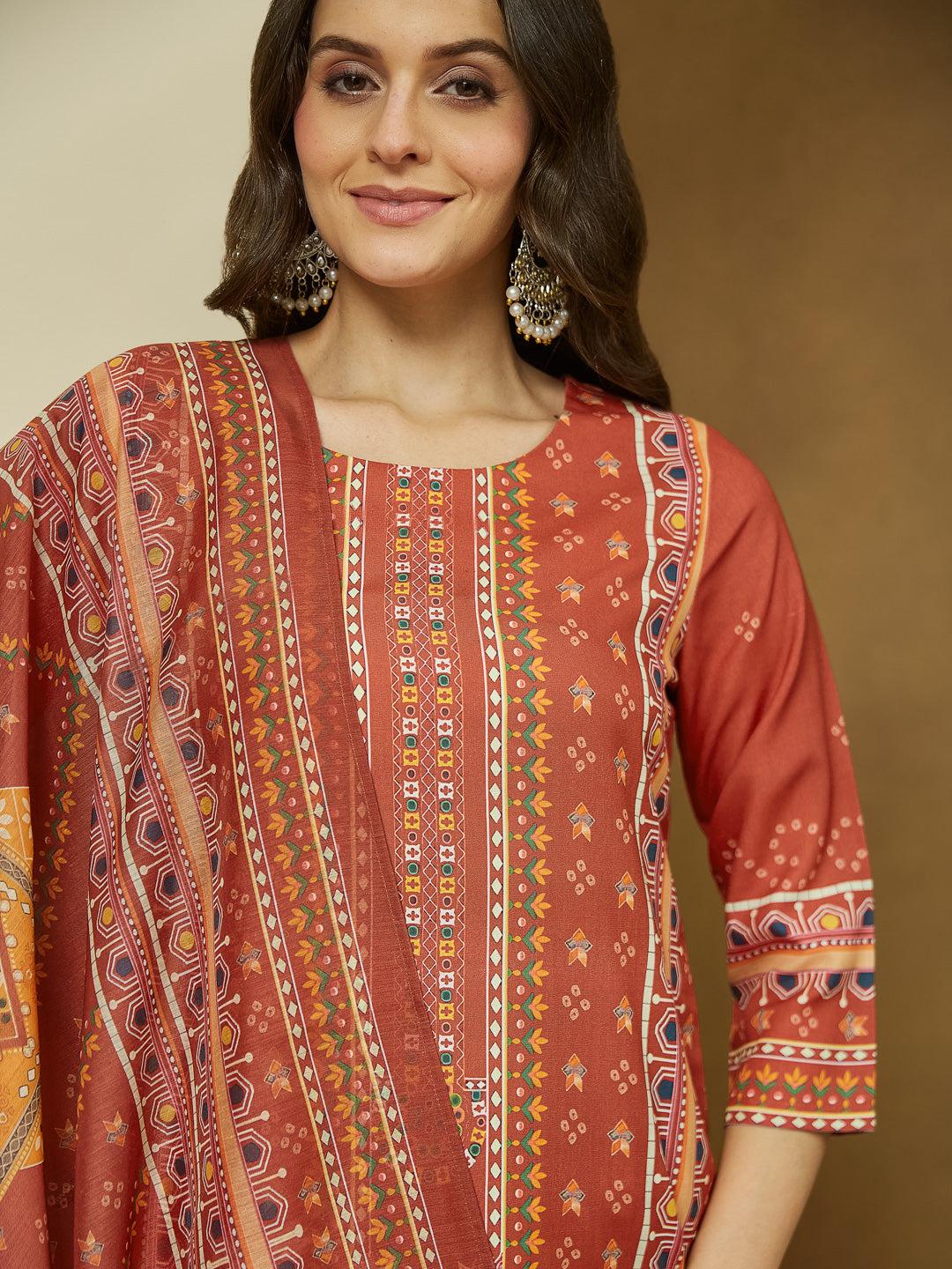 ResellerMart Women's Rust Cotton Blend Ethnic Motifs Printed Straight Kurta Set