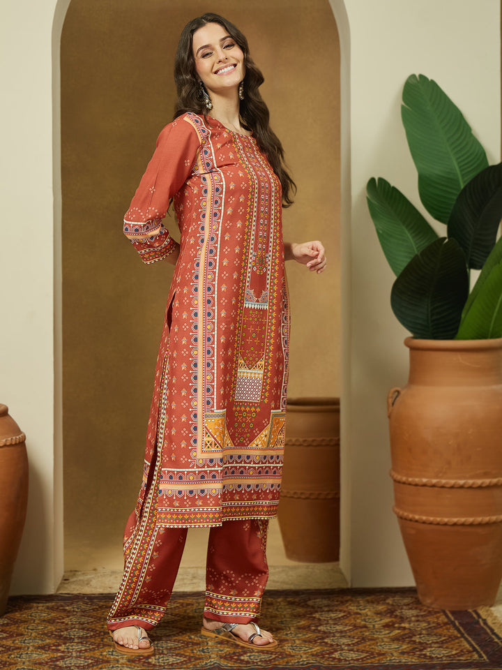 ResellerMart Women's Rust Cotton Blend Ethnic Motifs Printed Straight Kurta Set