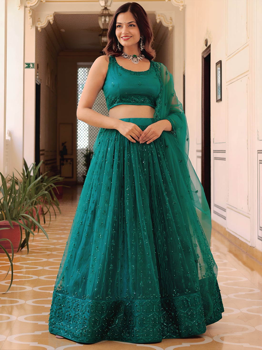 ResellerMart Teal Green Net Sequin Lehenga Choli | Designer Party Wear Wedding Lehengas