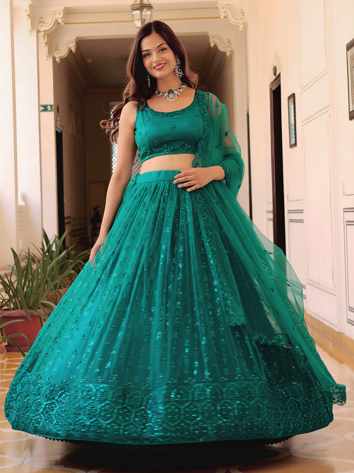 ResellerMart Teal Green Net Sequin Lehenga Choli | Designer Party Wear Wedding Lehengas