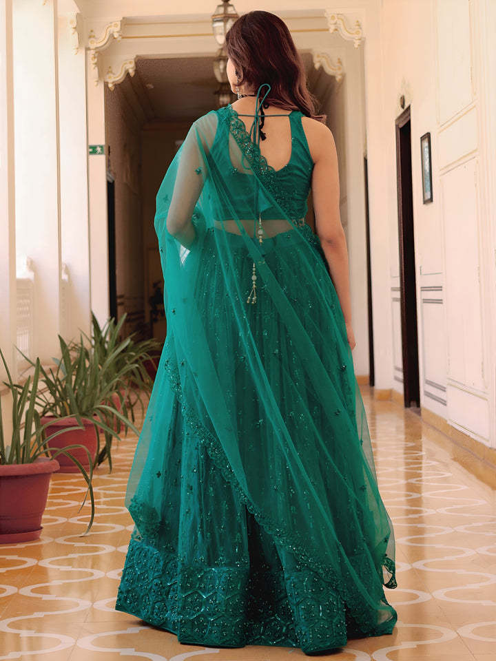 ResellerMart Teal Green Net Sequin Lehenga Choli | Designer Party Wear Wedding Lehengas