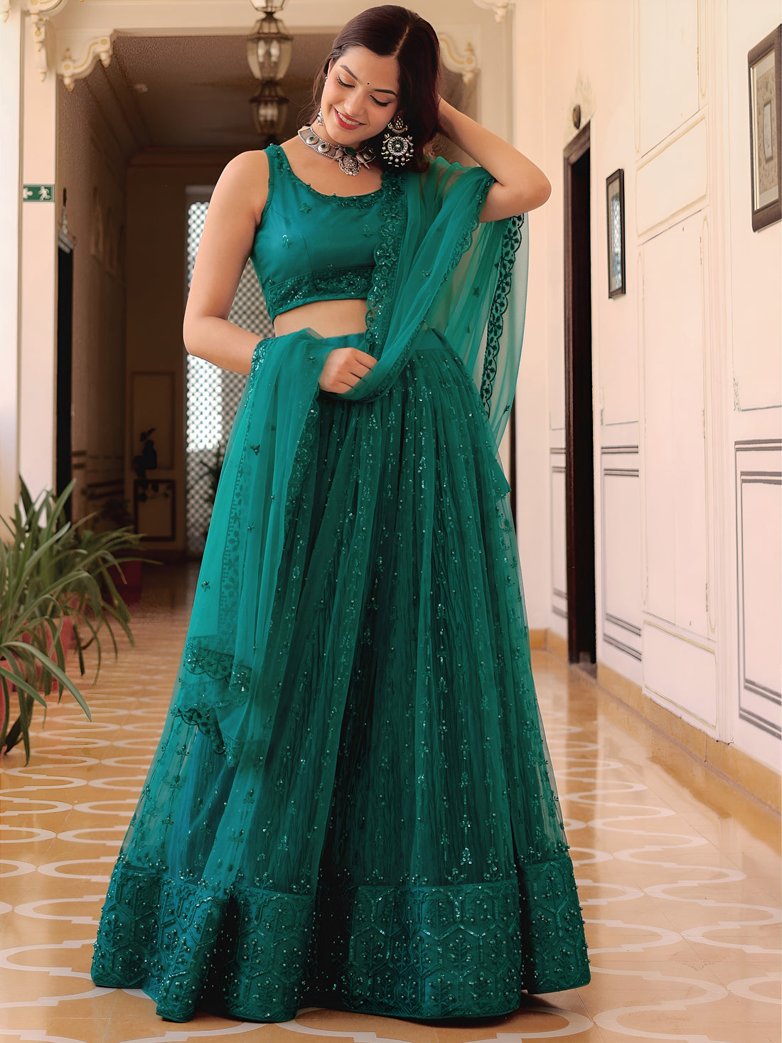 ResellerMart Teal Green Net Sequin Lehenga Choli | Designer Party Wear Wedding Lehengas