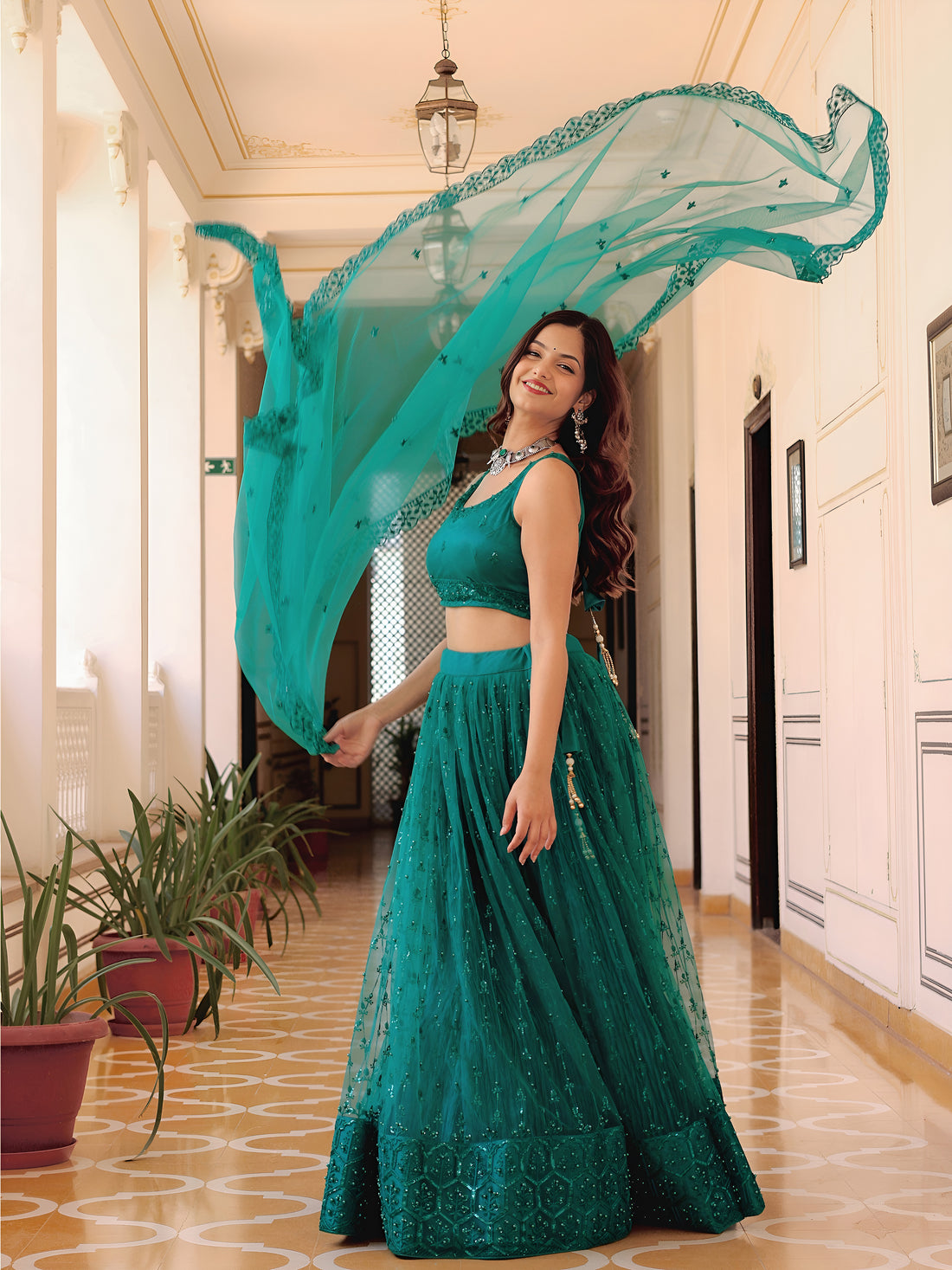ResellerMart Teal Green Net Sequin Lehenga Choli | Designer Party Wear Wedding Lehengas