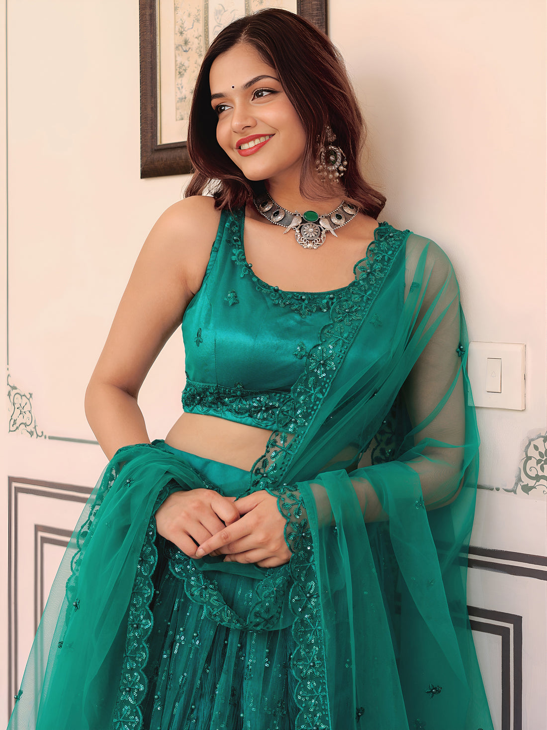 ResellerMart Teal Green Net Sequin Lehenga Choli | Designer Party Wear Wedding Lehengas